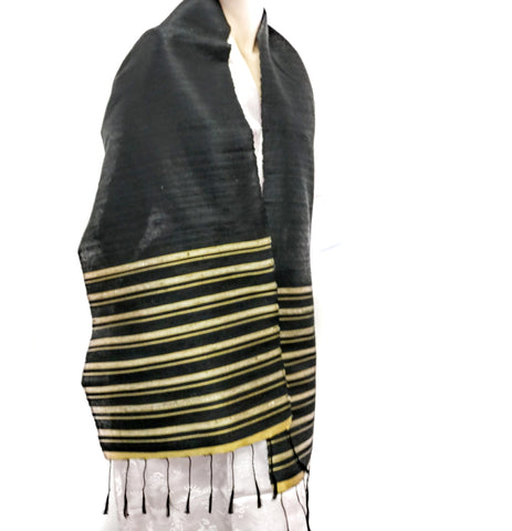 Black and Gold Stripes Hand Woven Thai Silk Scarf Brand New