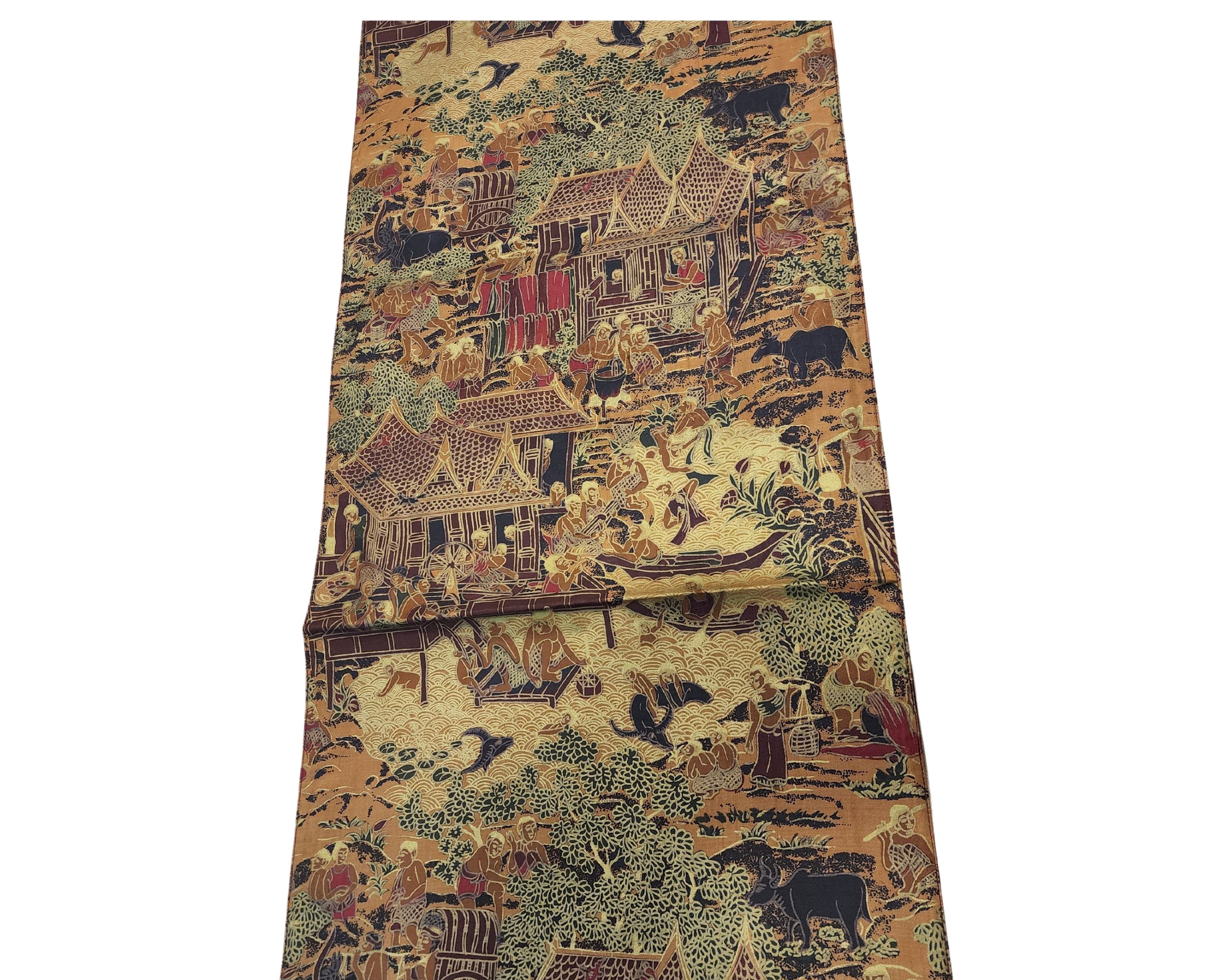 Brown Gold Thai Village Screen Real Silk Table Runner 72 inches (180cm) long and 13 inches (33 cm) wide Brand New